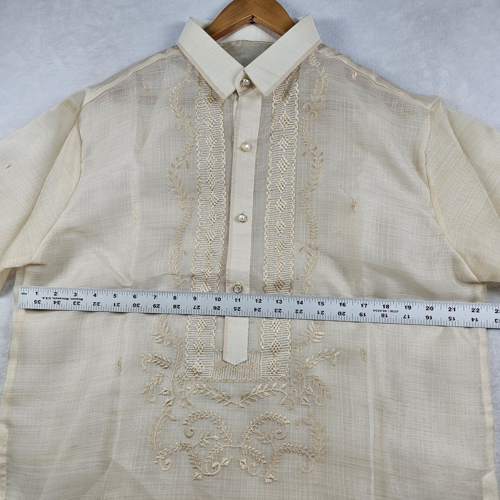 Barong Tagalog Filipino Formal Dress Shirt Men L 44" Sheer Embroidered Button Up - Picture 8 of 11